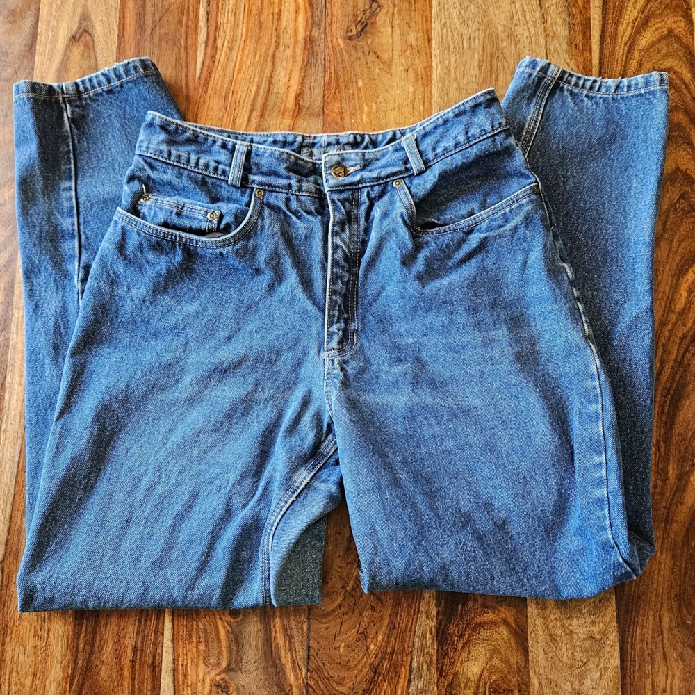 Lizwear Vintage 90s High Waisted Tapered Leg Blue Denim Mom Jeans Size 14